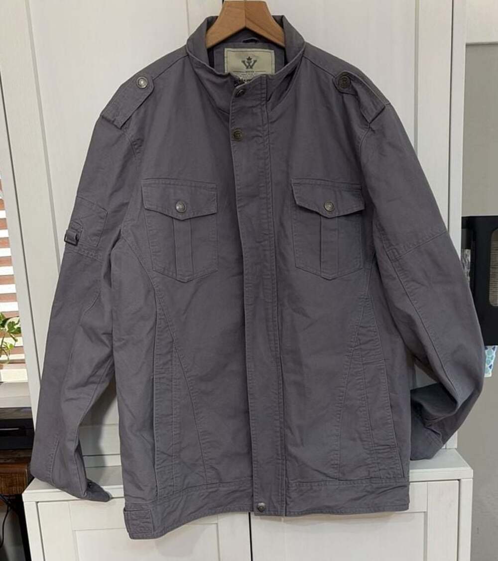 Wenven Mens Casual Washed Cotton Military Jacket Grey Stand Collar